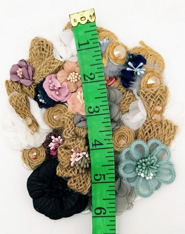 Handcrafted Jute Floral Applique in Pink, Black, Grey